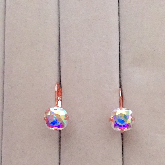 Aurora Borealis + Rose Gold Cushion Cut Crystal Drop Earrings - Picture 6 of 12